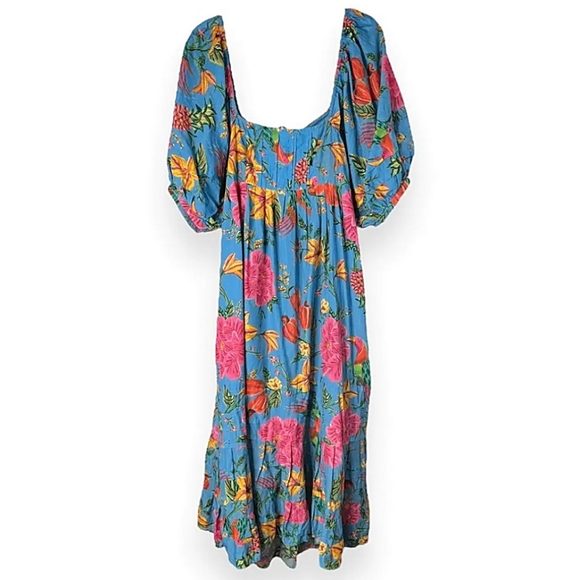 FARM RIO TOUCANS GARDEN MIDI DRESS IN BLUE Womens Small - Picture 3 of 9